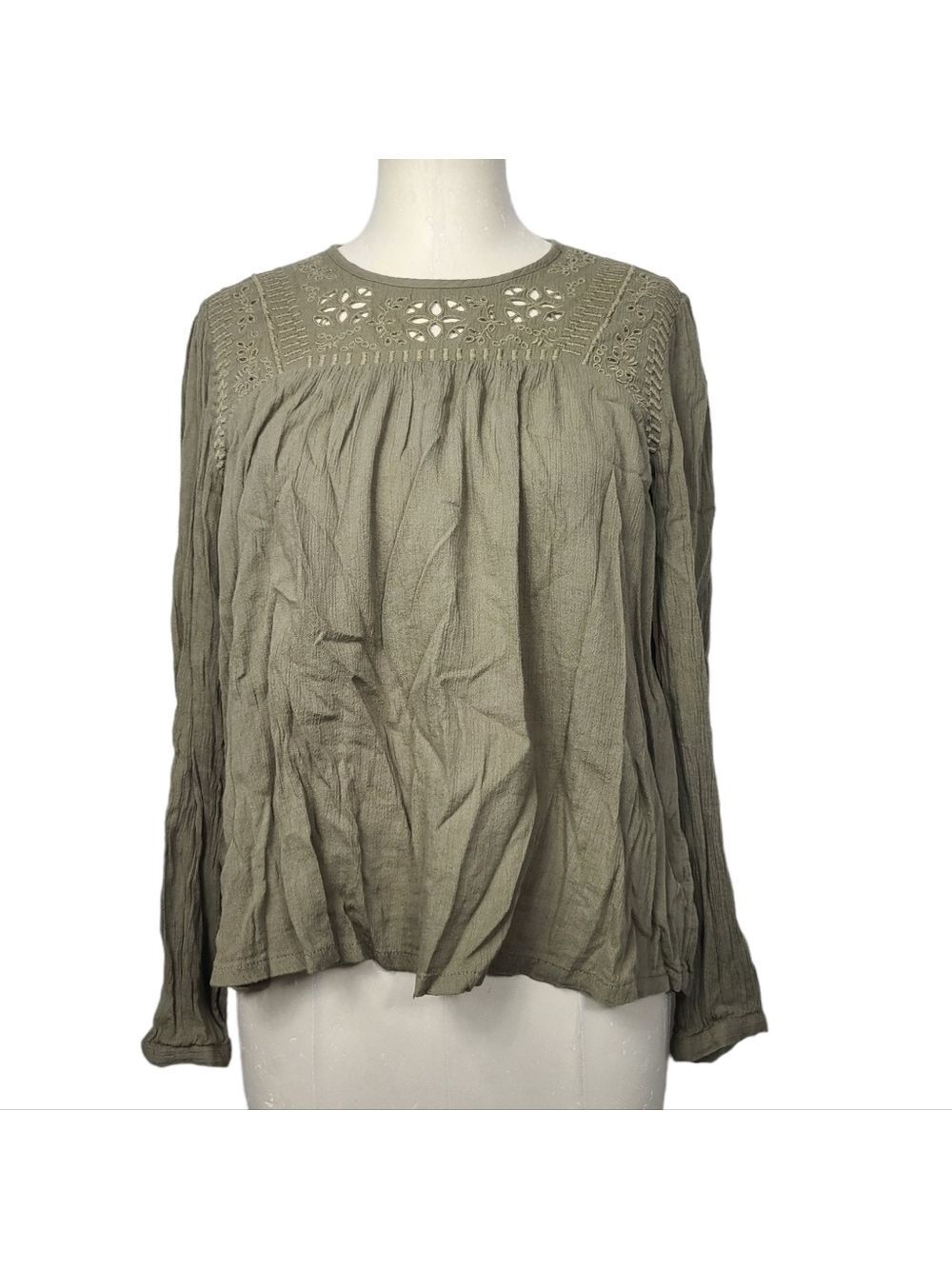 Abercrombie & Fitch Green Embroidered Crewneck Back Button Down Peasant Shirt S